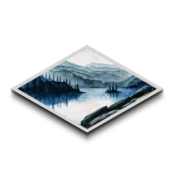 Tranquil Mountain View Diamond Shaped Canvas Textured Print with peaceful lake scene, forest landscape painting, rustic wall decor