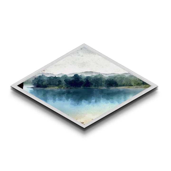 Quiet Riverbank Scene Diamond Shaped Canvas Art Print with woodland nature, blue green forest reflection painting, lakeview serenity