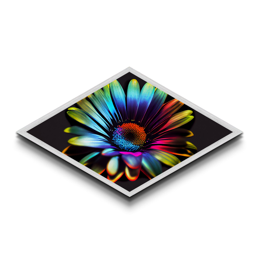 Neon Petal Burst Diamond Shaped Canvas Art Print with vibrant rainbow daisy, dark background floral decor, modern flower wall piece