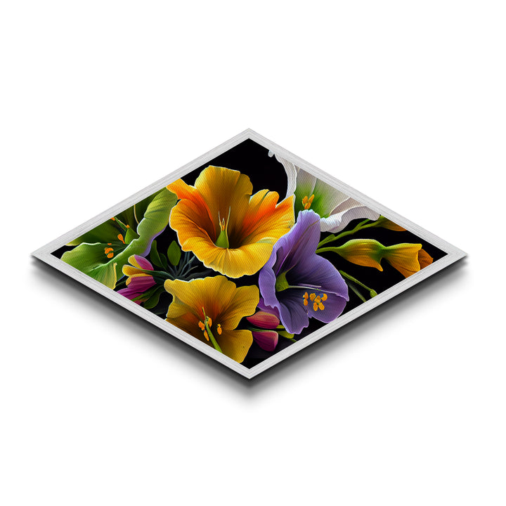 Midnight Bloom Glow Diamond Shaped Canvas Embossed Print with bold floral close-up, colorful petals on black, dramatic flower wall art