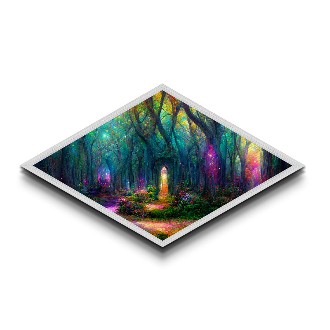 Firefly Glow Forest Diamond Shaped Canvas Art Print, whimsical fairy lights in woods, enchanted mystical woodland fantasy decor
