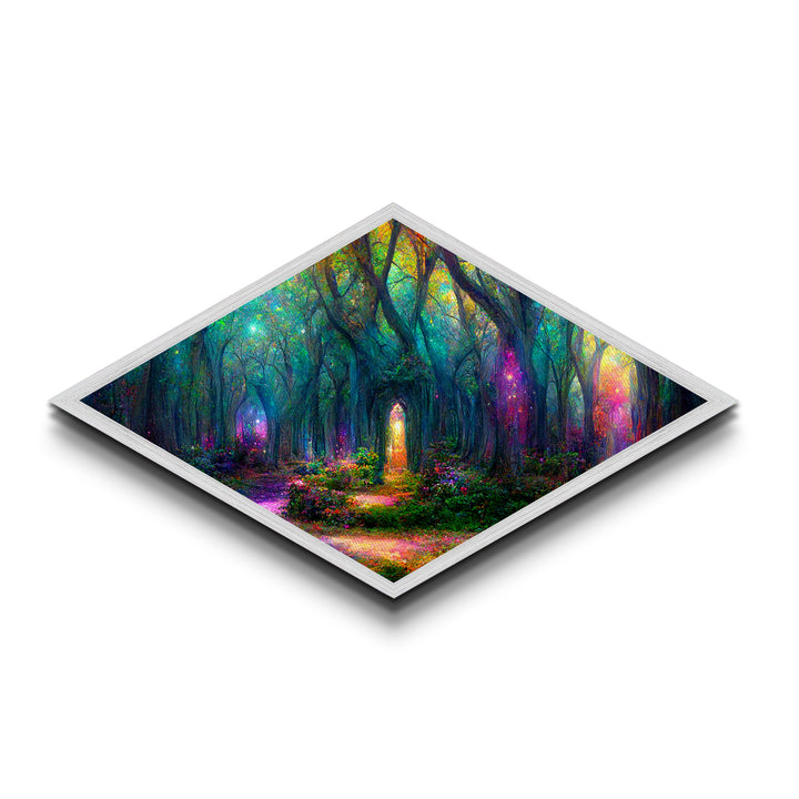 Firefly Glow Forest Diamond Shaped Canvas Art Print, whimsical fairy lights in woods, enchanted mystical woodland fantasy decor