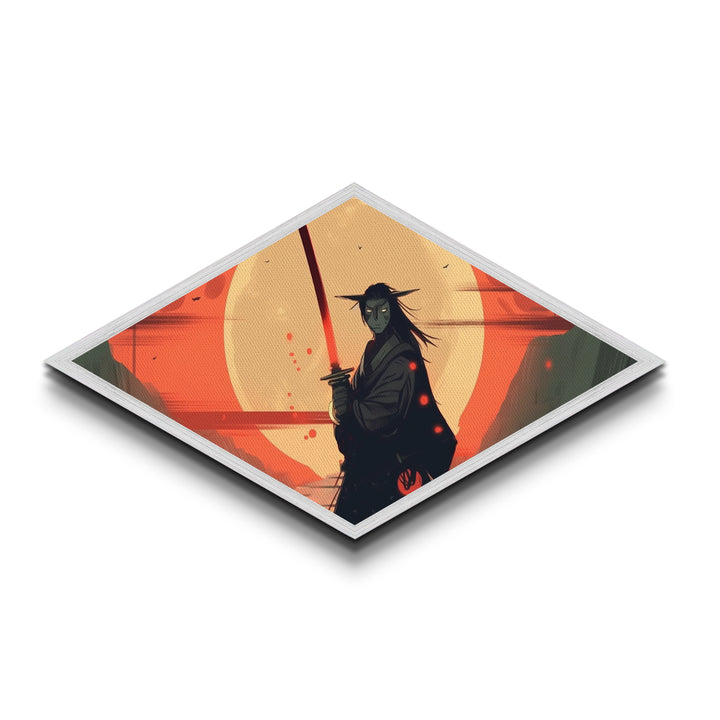 Demon Samurai Stance Diamond Shaped Canvas Art Print, Japanese Anime Warrior Decor, Red Moon Battle Scene, Teen Room Artwork