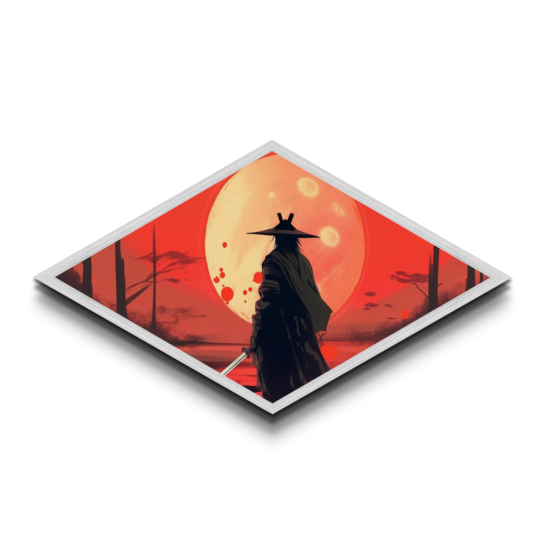 Lone Ronin Eclipse Diamond Shaped Canvas Textured Print, Samurai Sunset Wall Art, Anime Warrior Decor, Japanese Aesthetic Gift