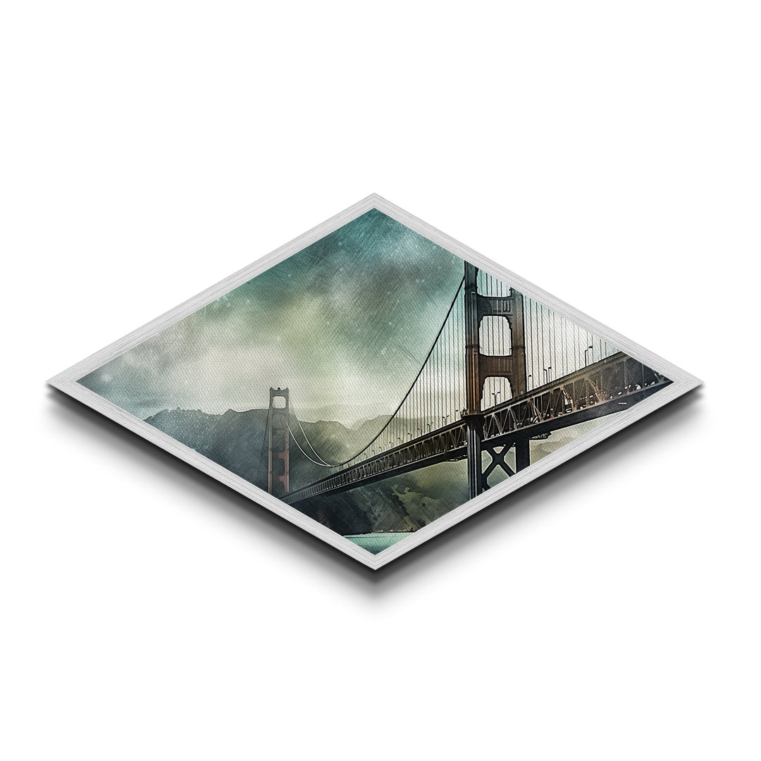 Golden Gate Haze Diamond Shaped Canvas Textured Print, San Francisco Bridge Watercolor, Urban Landscape Art, Travel Lover Gift