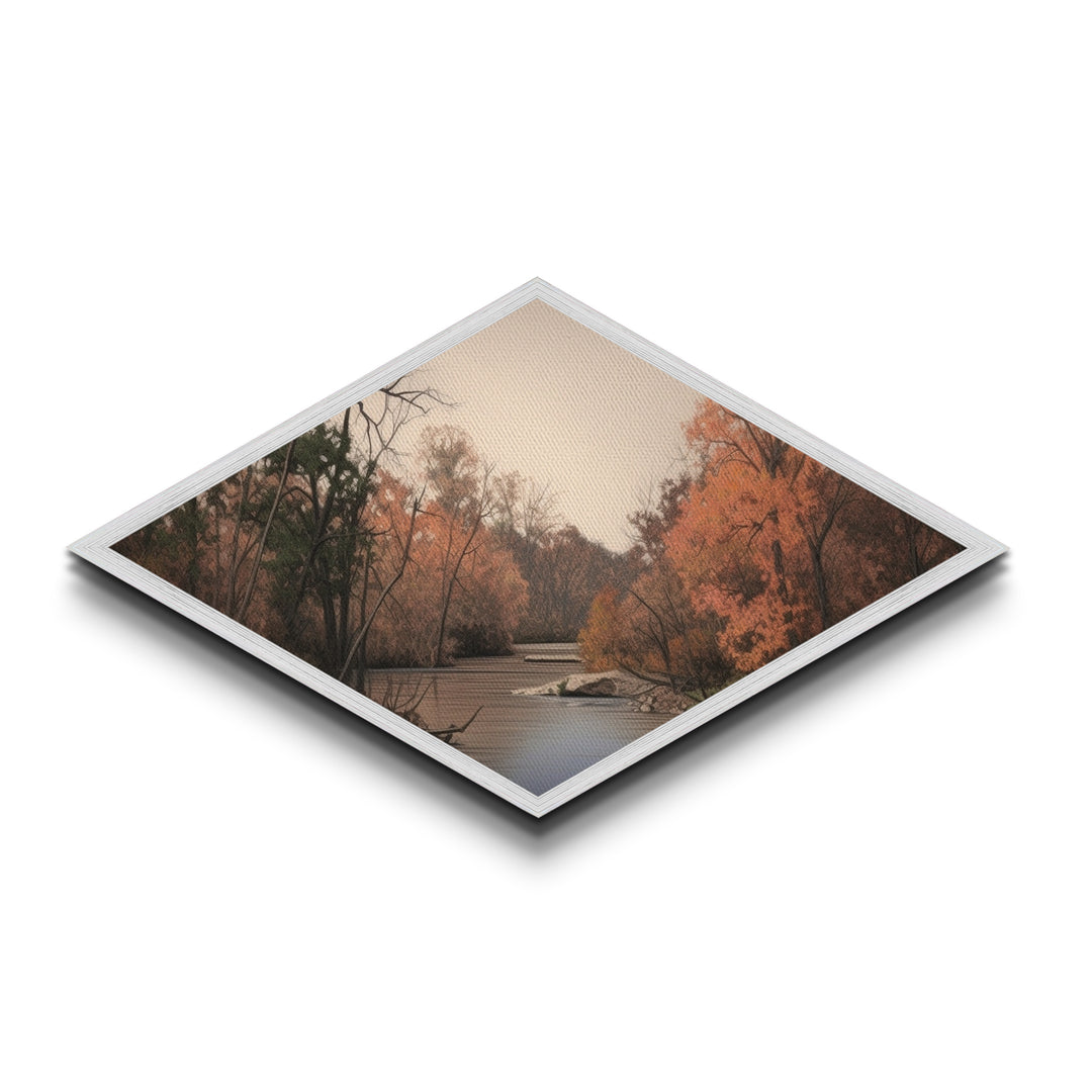 Autumn River Scene – Diamond Shaped Canvas Textured Print, Rustic Wall Art, Fall Landscape Decor, Nature-Inspired Gift, Cabin Living Room