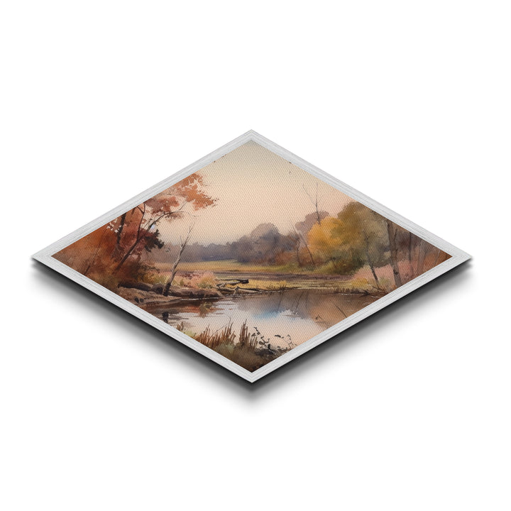 Woodland Reflections – Diamond Shaped Canvas Textured Print, Fall Forest Art, Water Scene Accent, Cozy Home Nature Wall Decor