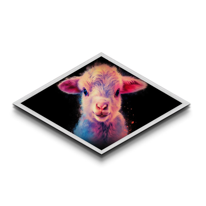 Neon Lamb Glow – Diamond Shaped Canvas Embossed Print, Vibrant Nursery Animal Art, Cute Pastel Gift, Baby Room Farm Decor