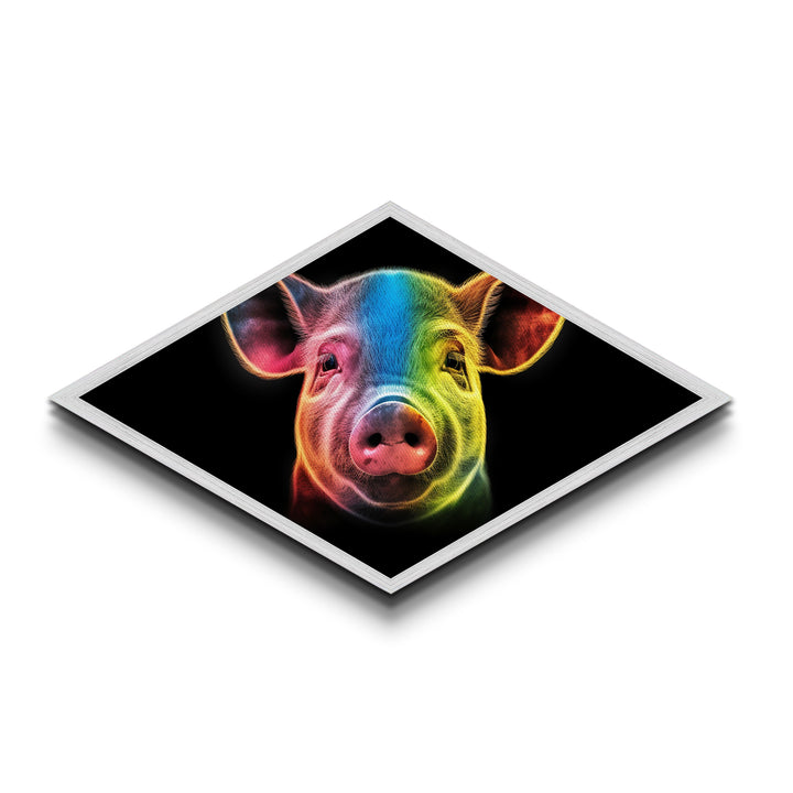 Radiant Piglet Portrait – Diamond Shaped Canvas Embossed Print, Farm Animal Wall Art, Neon Rainbow Decor, Kids Room Pop Style