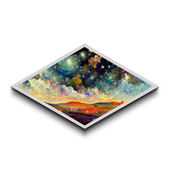 Enchanted Forest Path Diamond Shaped Canvas Embossed Print, glowing staircase fantasy decor, dreamy woodland surreal artwork