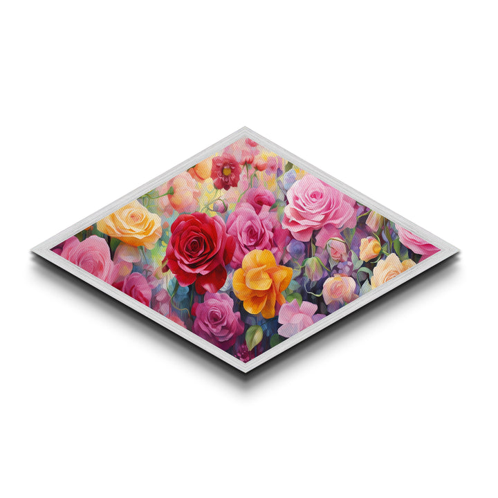 Garden Rose Symphony Diamond Shaped Canvas Art Print with pink red yellow roses, floral wall decor, romantic gift, nursery wall accent
