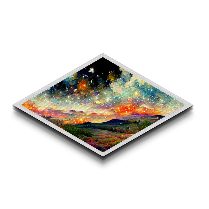 Celestial Dreamscape Field Diamond Shaped Canvas Art Print, night sky stars over hills, vibrant cosmic countryside fantasy decor