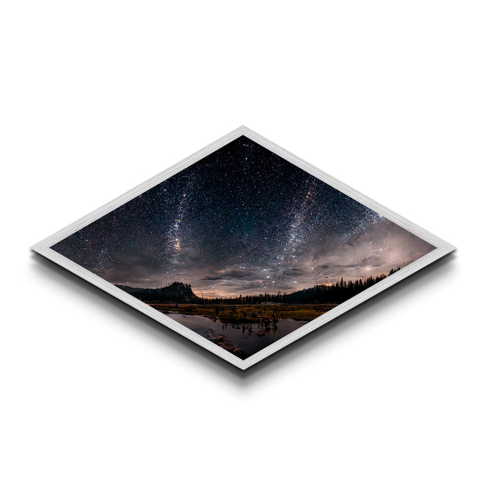 Starlit Landscape Glow Diamond Shaped Canvas Textured Print, dreamscape night sky meadow art, celestial fantasy field scene