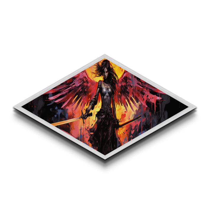 Blade Wing Warrior Diamond Shaped Angel Canvas Art Print fiery red wings sword epic fantasy female warrior modern home wall decor