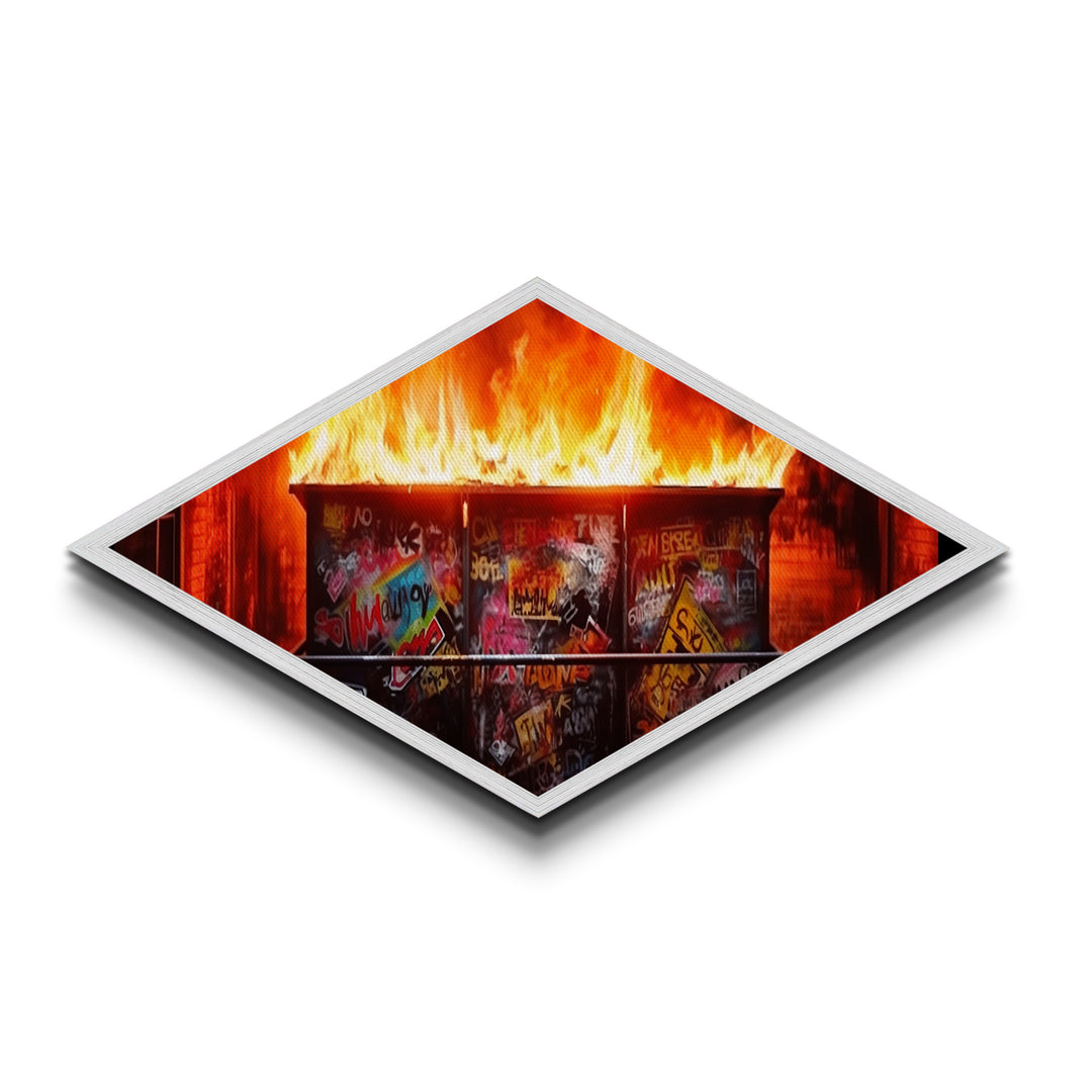 Dumpster Fire Chaos Diamond Shaped Graffiti Canvas Embossed Print burning urban street art protest pop culture modern edgy wall art