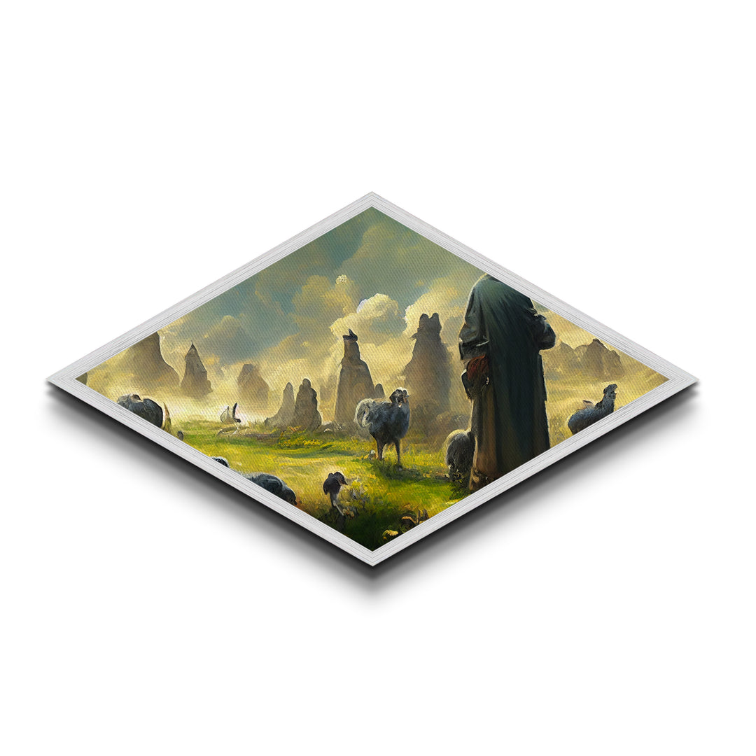 Shepherd’s Morning Peace Diamond Shaped Canvas Embossed Print, pastoral fantasy flock landscape, mystical sunrise with sheep art