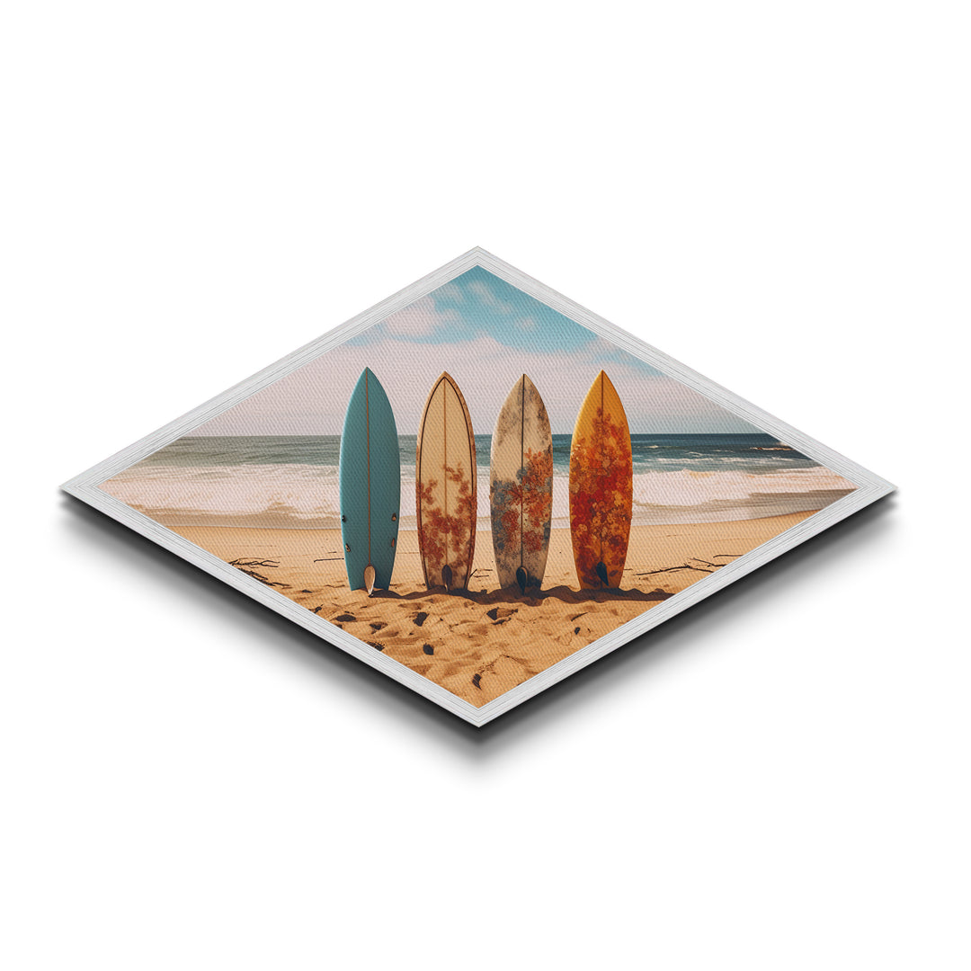 Vibrant Surf Quartet Diamond Shaped beach scene with surfboards wall decor Canvas Art Print coastal summer home accent gift idea
