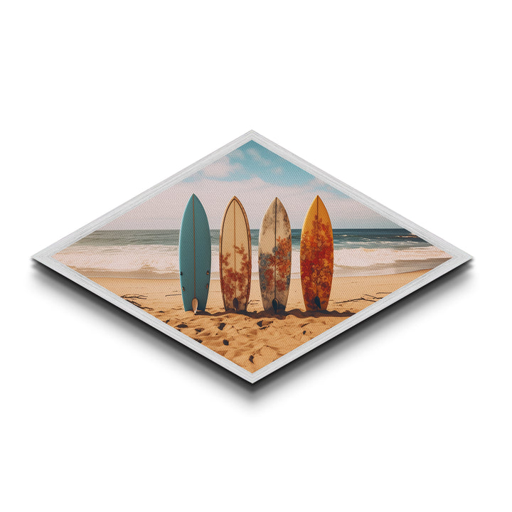 Vibrant Surf Quartet Diamond Shaped beach scene with surfboards wall decor Canvas Art Print coastal summer home accent gift idea