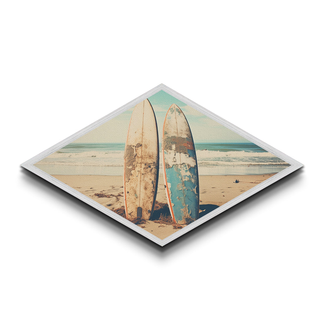 Vintage Surf Duo Diamond Shaped coastal surfboard wall art Canvas Embossed Print beach house rustic vibe nostalgic surfing aesthetic