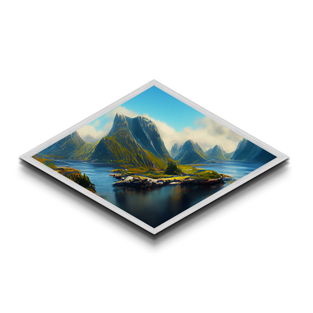 Nordic Fjord Serenity Diamond Shaped Canvas Textured Print, Scandinavian mountain lake art, dramatic nature wilderness wall decor