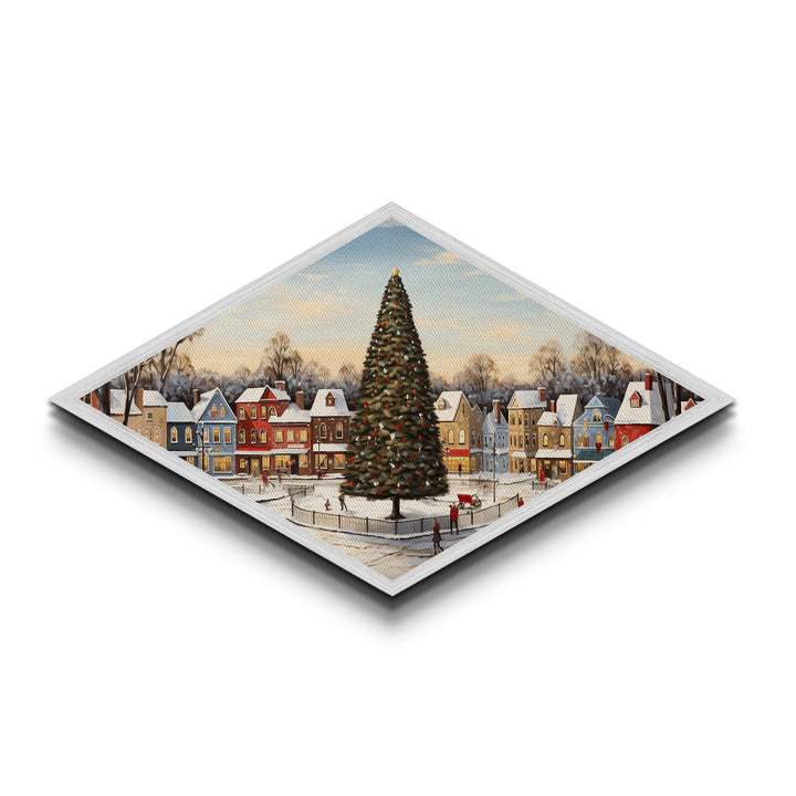 Festive Town Square Diamond Shaped Canvas Embossed Print Christmas tree snowy village nostalgia seasonal living room holiday wall