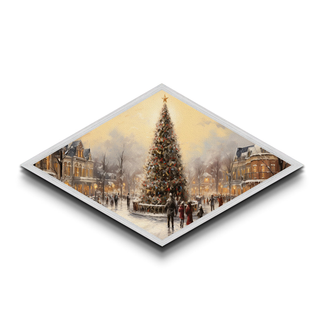 Winter Tree Gathering Diamond Shaped Canvas Art Print snowy downtown scene nostalgic holiday decor perfect wall accent Christmas