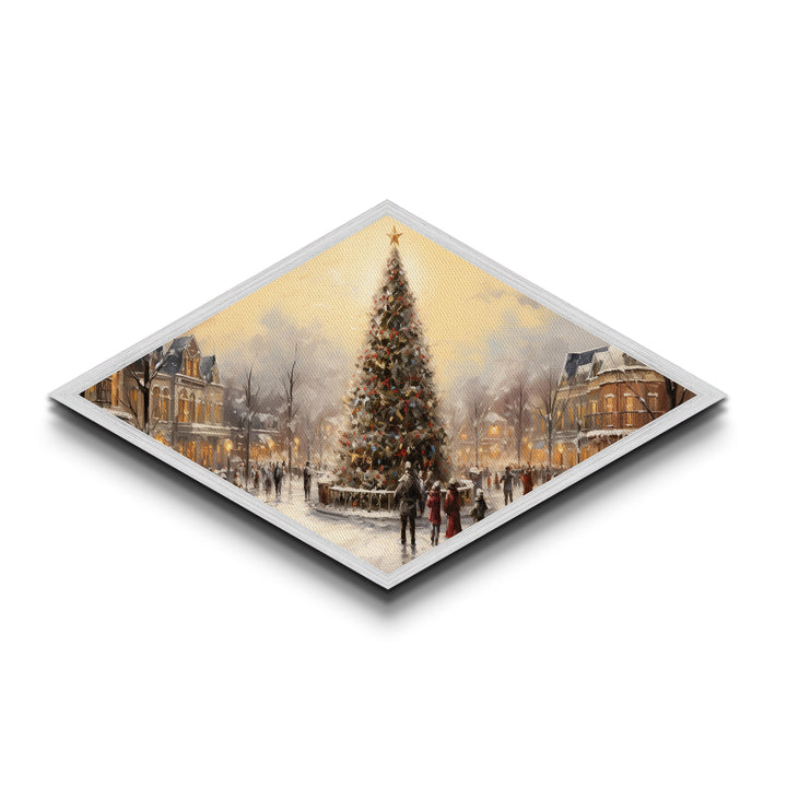 Winter Tree Gathering Diamond Shaped Canvas Art Print snowy downtown scene nostalgic holiday decor perfect wall accent Christmas