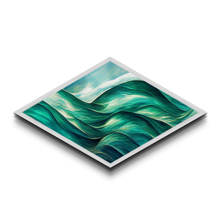 Ocean Flow Rhythm Diamond Shaped Canvas Art Print, Abstract Sea Waves Wall Decor, Modern Coastal Blue Green Nautical Room Accent