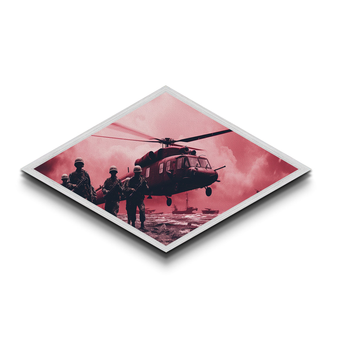 Tactical Insertion Helicopter — Diamond Shaped Canvas Art Print for military home office, aviation gift, soldier room wall decor