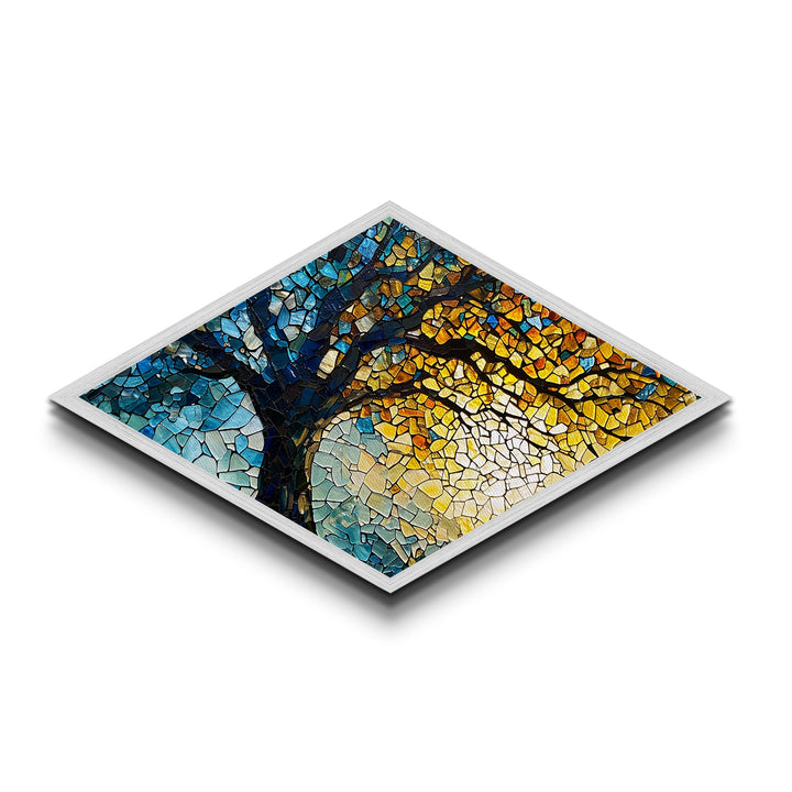 Tree of Radiance — Diamond Shaped Canvas Embossed Print mosaic nature decor, stained glass style, spiritual healing tree wall piece