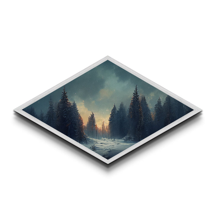Snowy Forest Twilight Diamond Shaped Canvas Textured Print, Winter Pines Sunset Wall Art, Cozy Rustic Cabin Nature Scene Accent