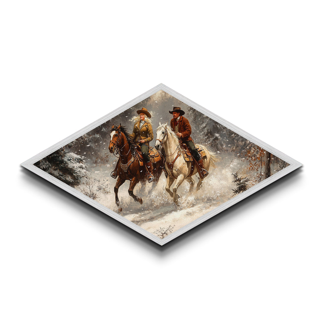 Snowy Ride Together Diamond Shaped Canvas Textured Print rustic winter cowboy wall art lodge decor western cabin Christmas gift
