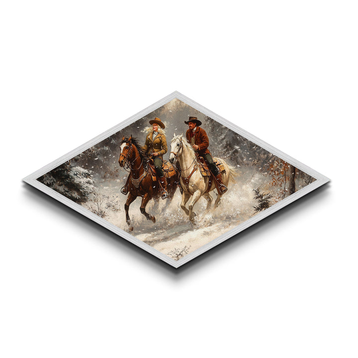 Snowy Ride Together Diamond Shaped Canvas Textured Print rustic winter cowboy wall art lodge decor western cabin Christmas gift
