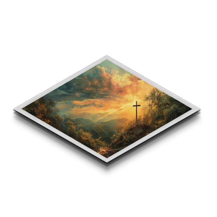Glory Hill Sunrise Diamond Shaped Canvas Embossed Print Christian spiritual artwork living room decor Easter resurrection gift