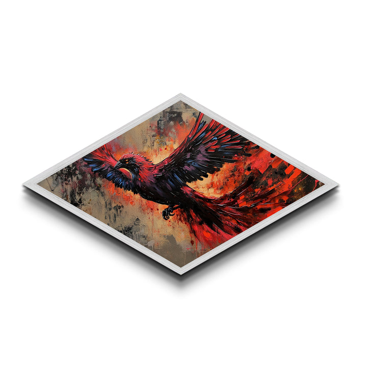 Fiery Phoenix Flight Diamond Shaped Canvas Textured Print red black bird in motion dynamic modern expressionism bold home wall statement