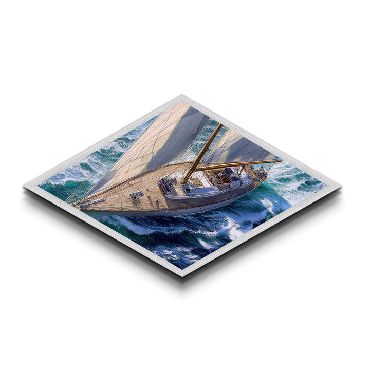 Ocean Sail Escape Diamond Shaped Canvas Textured Print majestic sailboat on waves nautical marine wall art coastal living or beach house