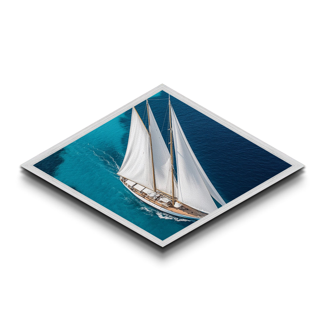 Azure Horizon Yacht Diamond Shaped Canvas Art Print elegant sailing ship overhead view crisp turquoise waters nautical wall decor piece