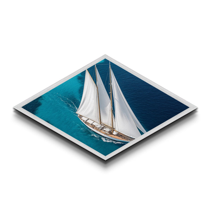 Azure Horizon Yacht Diamond Shaped Canvas Art Print elegant sailing ship overhead view crisp turquoise waters nautical wall decor piece