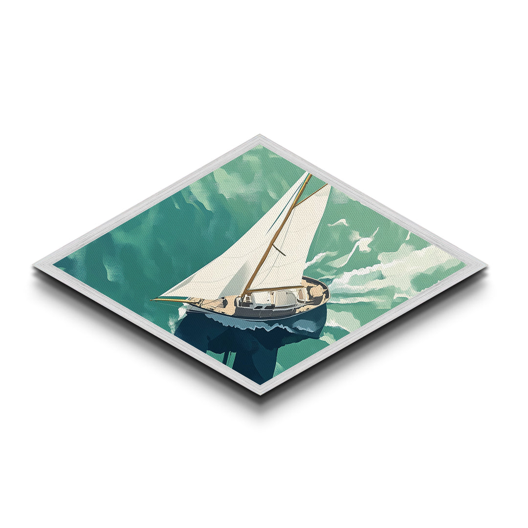 Serene Sailing Calm Diamond Shaped Canvas Textured Print illustrated boat over green sea minimalist marine design tranquil beach house vibe
