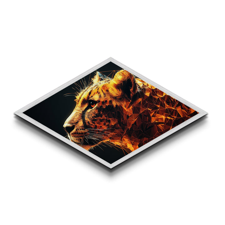 Prismatic Tiger Tech Diamond Shaped Canvas Embossed Print futuristic animal artwork digital geometric wild cat bedroom den or gamer wall piece