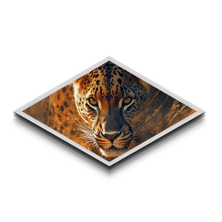 Electric Leopard Gaze Diamond Shaped Canvas Embossed Print Big Cat Wall Art Jungle Animal Decor Wildlife Accent Living Room Bold Gift