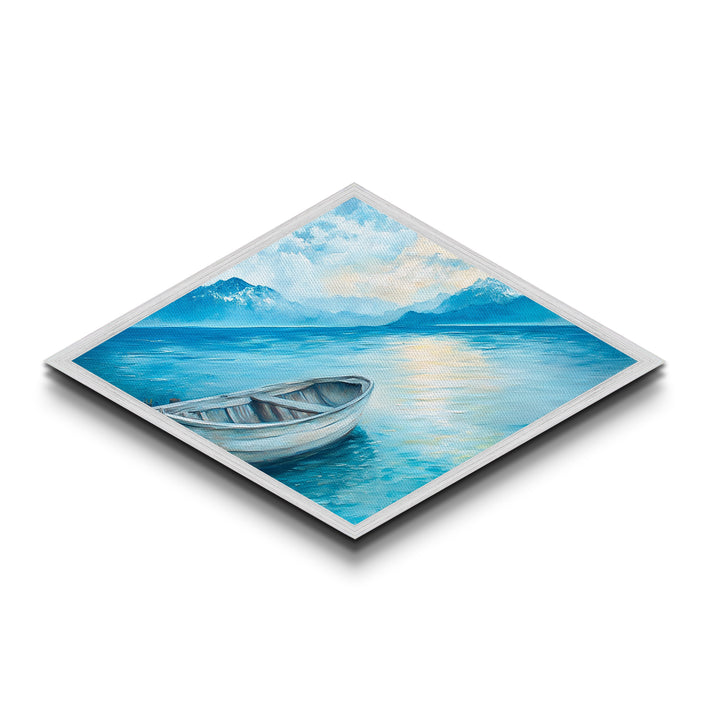 Tranquil Rowboat - Diamond Shaped Canvas Art Print Coastal Landscape Home Wall Decor Serene Lakeview Bedroom Nautical Painting