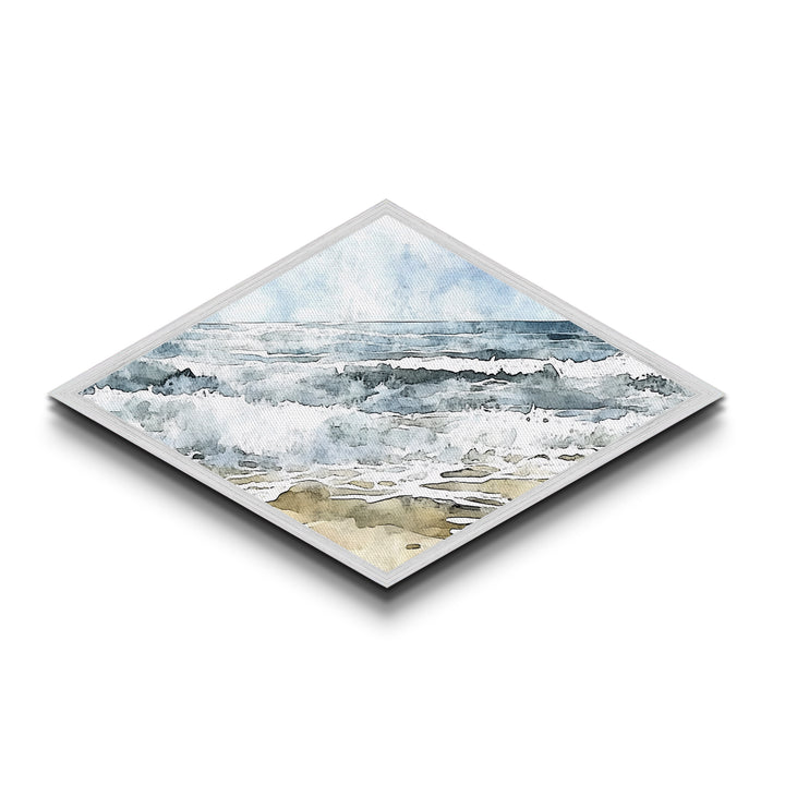 Coastal Break - Diamond Shaped Canvas Textured Print Ocean Wave Beach Art Nautical Bathroom Decor Relaxing Watercolor Seascape