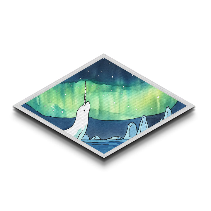 Whimsical Narwhal In The Arctic Canvas Textured Art Print, Diamond Shaped Wall Art, Aurora Borealis Wall Art, Cute Art