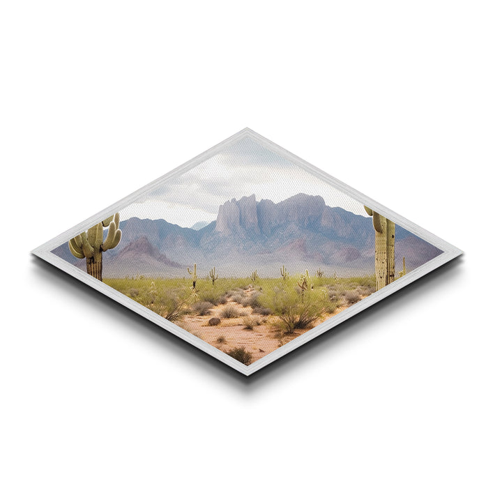 Desert Mountain Cactus View Diamond Shaped Canvas Textured Print southwestern desert landscape wall art rustic home decor gift