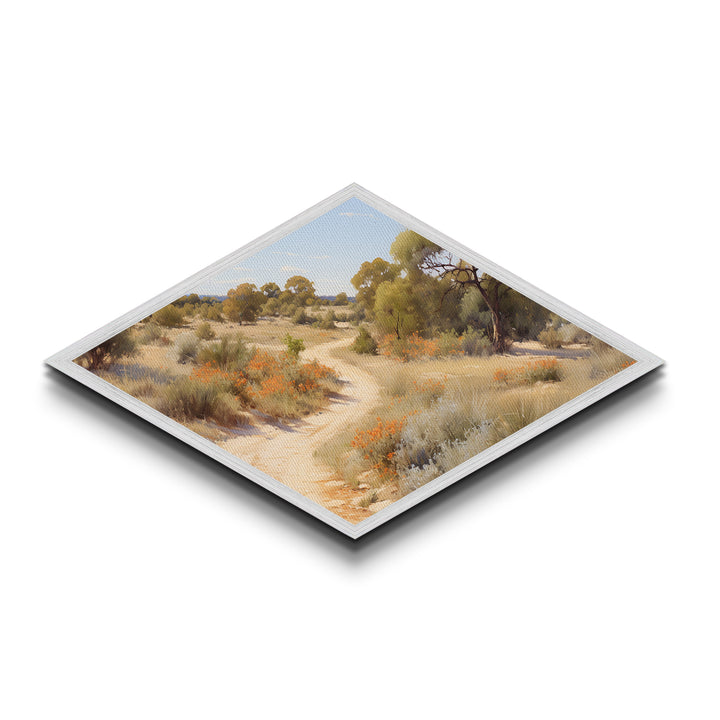 Desert Blossom Trail Diamond Shaped Canvas Embossed Print natural warm toned arid path art soft toned countryside landscape decor