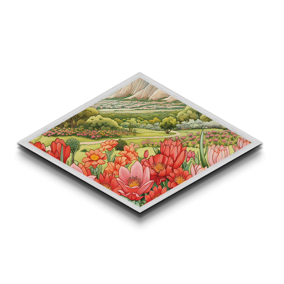 Wildflower Valley Bloom Diamond Shaped Canvas Art Print spring floral landscape pastel desert nature illustration cheerful artwork