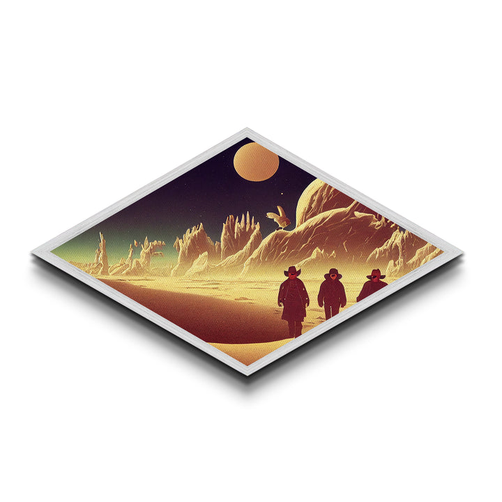 Surreal Desert Travelers Diamond Shaped Canvas Art Print sci-fi western moonscape fantasy terrain illustration cowboy outer space