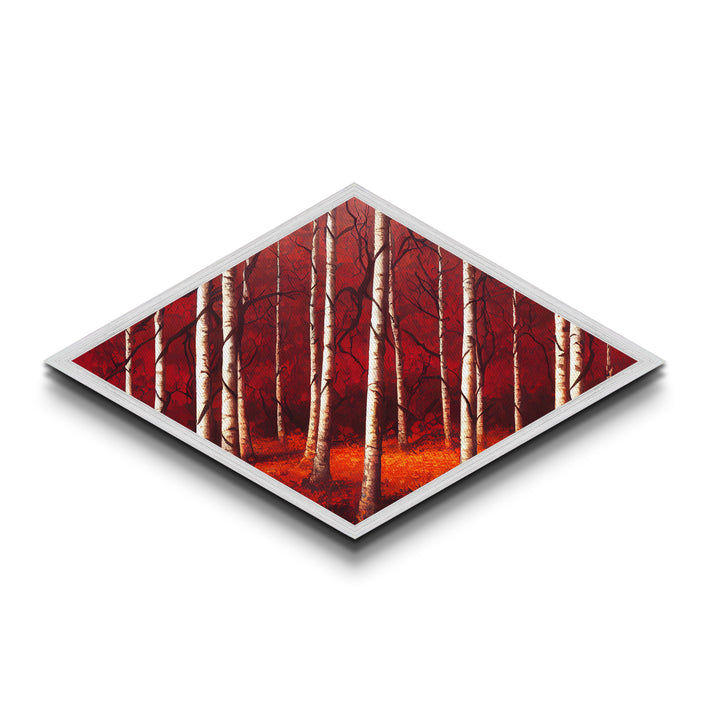 Crimson Birch Serenity Diamond Shaped Canvas Textured Print woodland red forest wall art nature painting rustic decor autumn tree scene