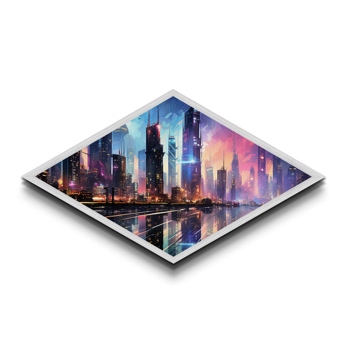 Neon Skyline Dreams Diamond Shaped Canvas Textured Print futuristic cyberpunk cityscape urban skyline glowing night downtown wall art